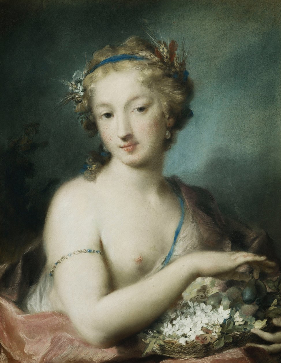 Flora, połowa długości, trzymająca śliwki, autorstwa Rosalba Giovanna Carriera