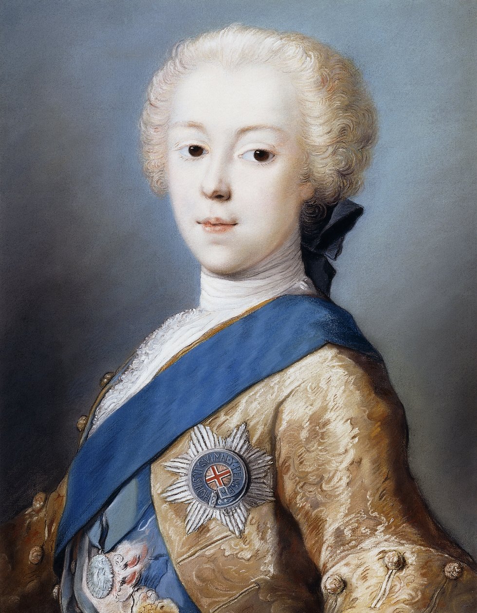 Portret księcia Karola Edwarda Stuarta, do biustu, z profilu z lewej strony, autorstwa Rosalba Giovanna Carriera