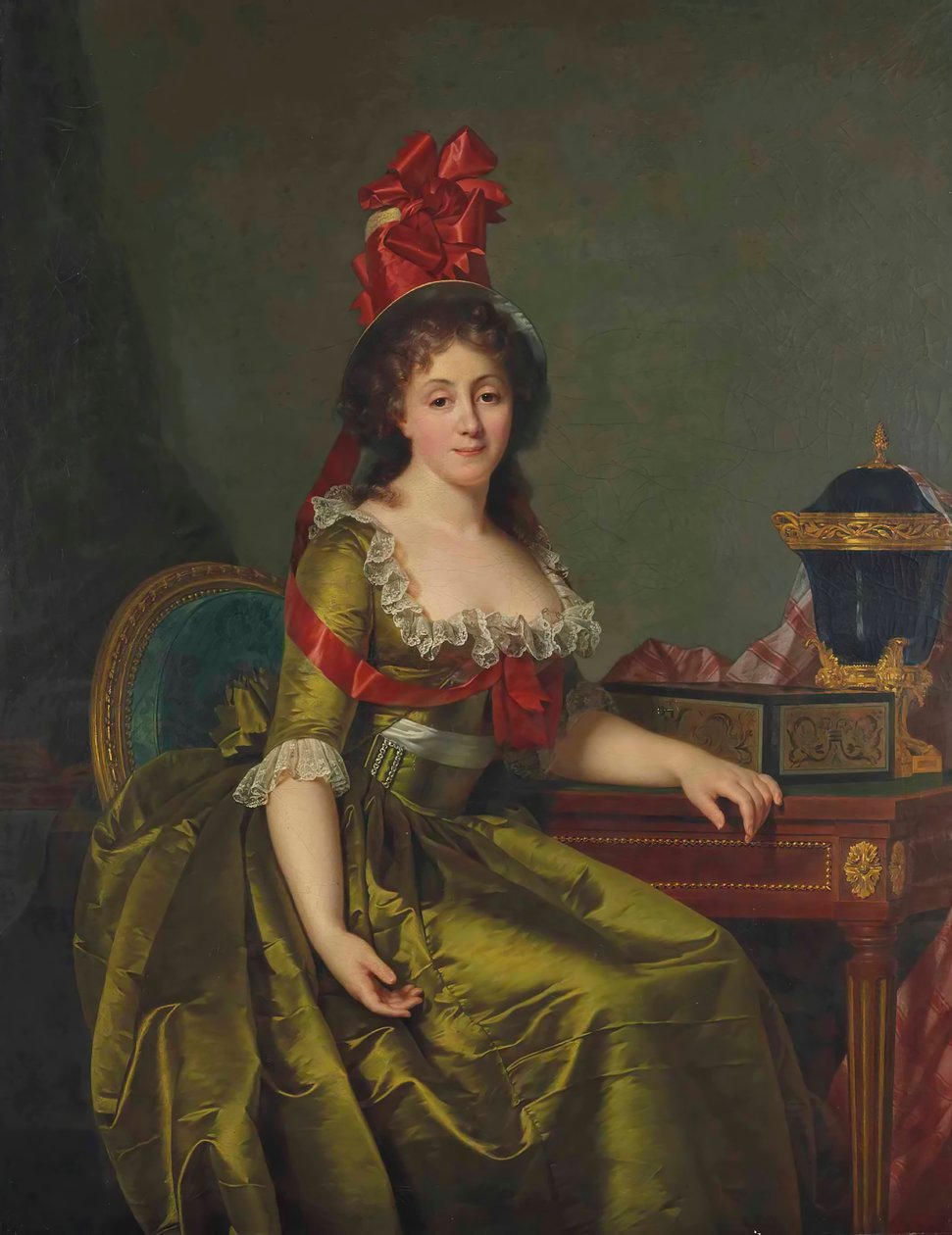 Portret damy w zielonej satynowej sukience i czepku z czerwonymi wstążkami. autorstwa Rose Adelaide Ducreux
