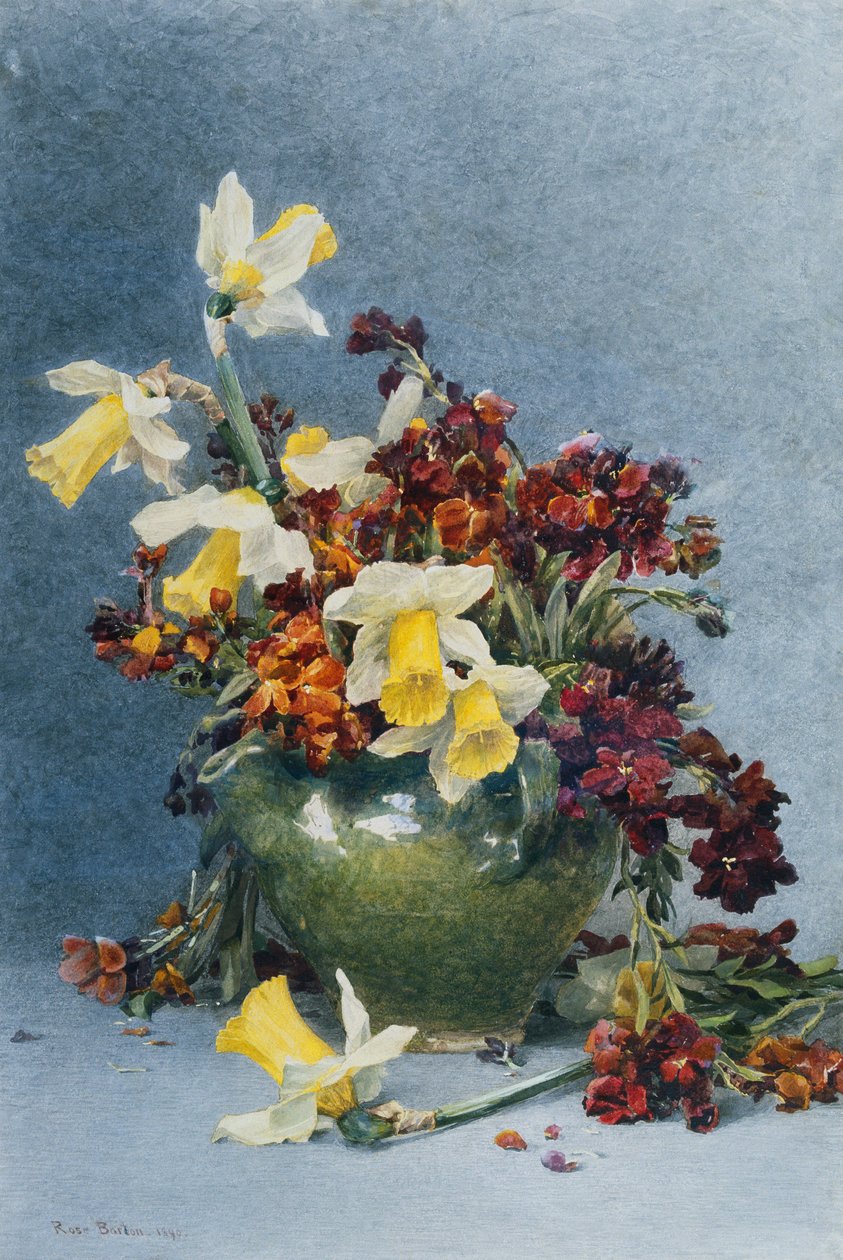 Żonkile i Wallflowers w zielonym wazonie, 1890 autorstwa Rose Maynard Barton