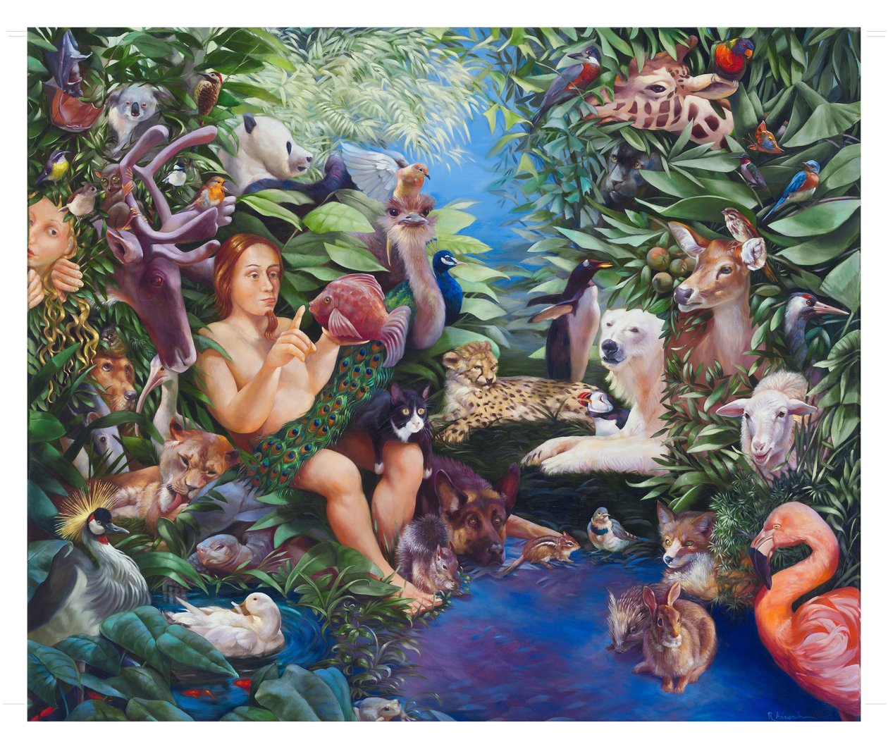 Adam nazywający zwierzęta i pojawienie się Ewy, 2011 (olej na płótnie) autorstwa Rosemarie Adcock