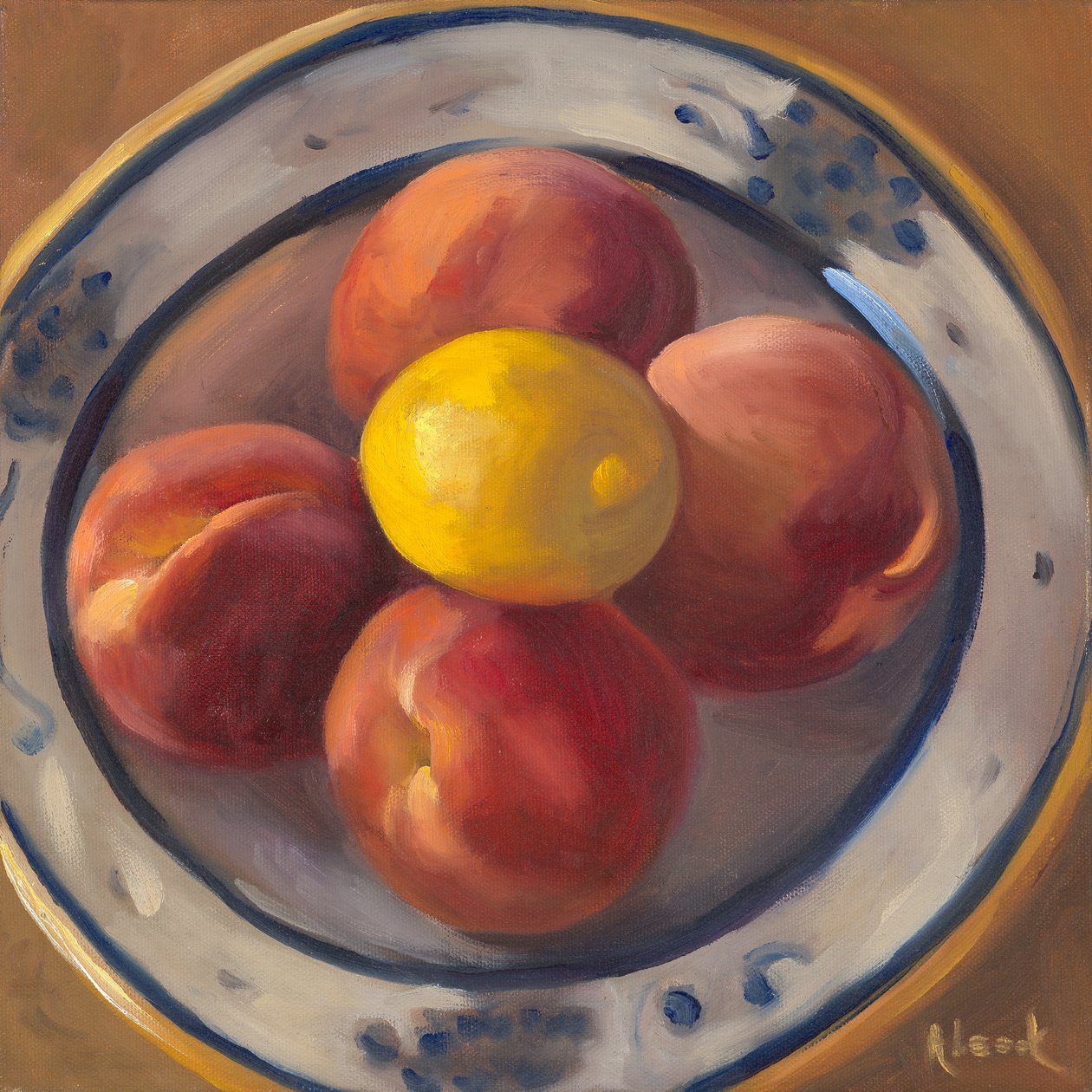 Brzoskwinie i cytryna, 2016 (olej na płótnie) autorstwa Rosemarie Adcock