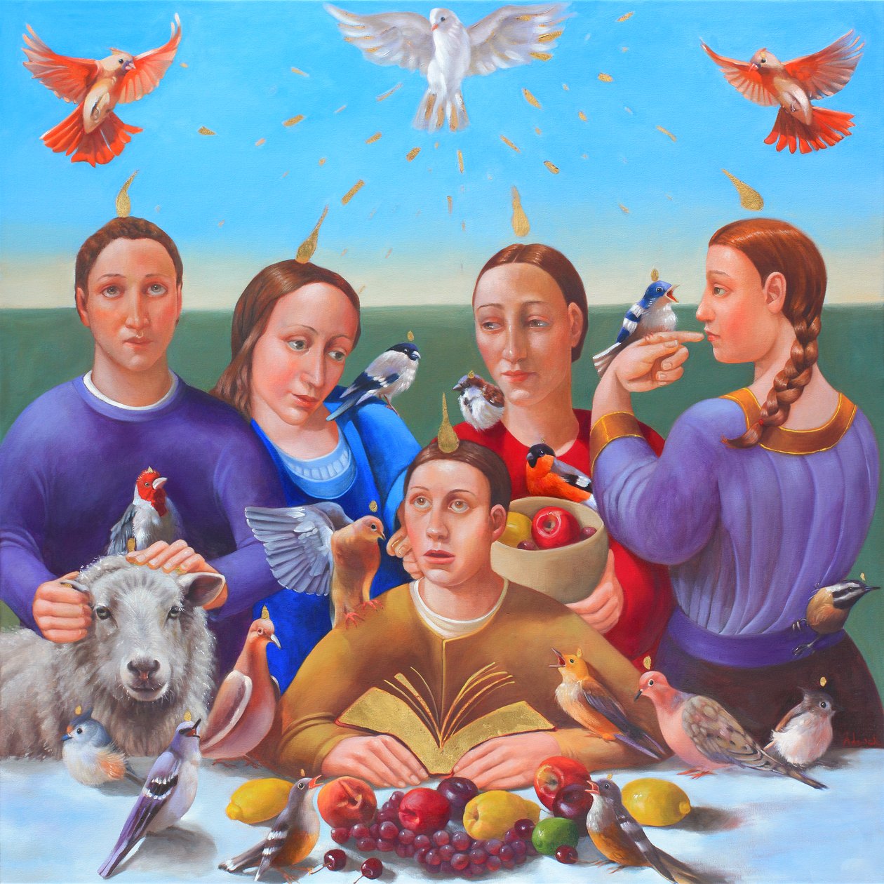 Zesłanie Ducha Świętego, 2018 (olej i płatki złota na płótnie) autorstwa Rosemarie Adcock