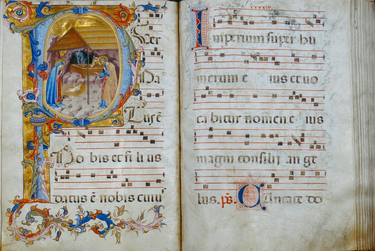 Księga chóru „D”, wystawiona w katedrze Santo Stefano: historyczny inicjał przedstawiający Narodzenia Pańskiego, ok. 1429-35 autorstwa Rossello di Jacopo Franchi