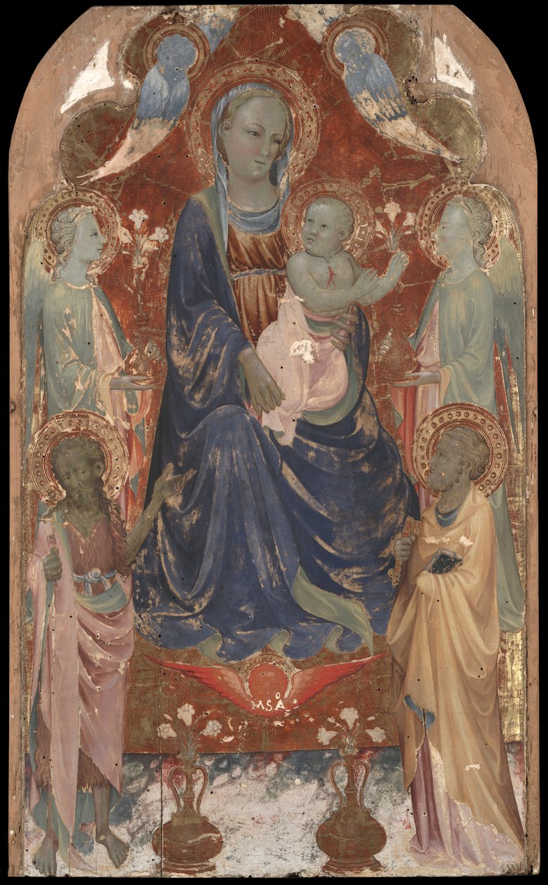 Dziewica z Dzieciątkiem ze św. Janem Chrzcicielem, św. Piotrem i dwoma aniołami. autorstwa Rossello di Jacopo Franchi