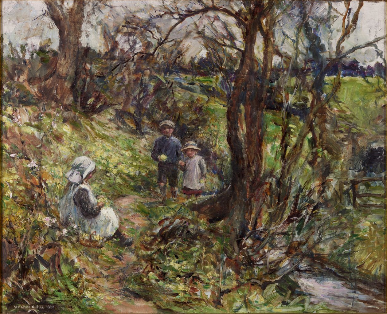 Zbieracze pierwiosnków (olej na płótnie) autorstwa Rowland Henry Hill