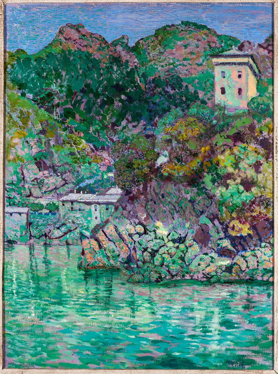 Widok na San Fruttuoso, niedaleko Camogli (olej na płótnie) autorstwa Rubaldo Merello