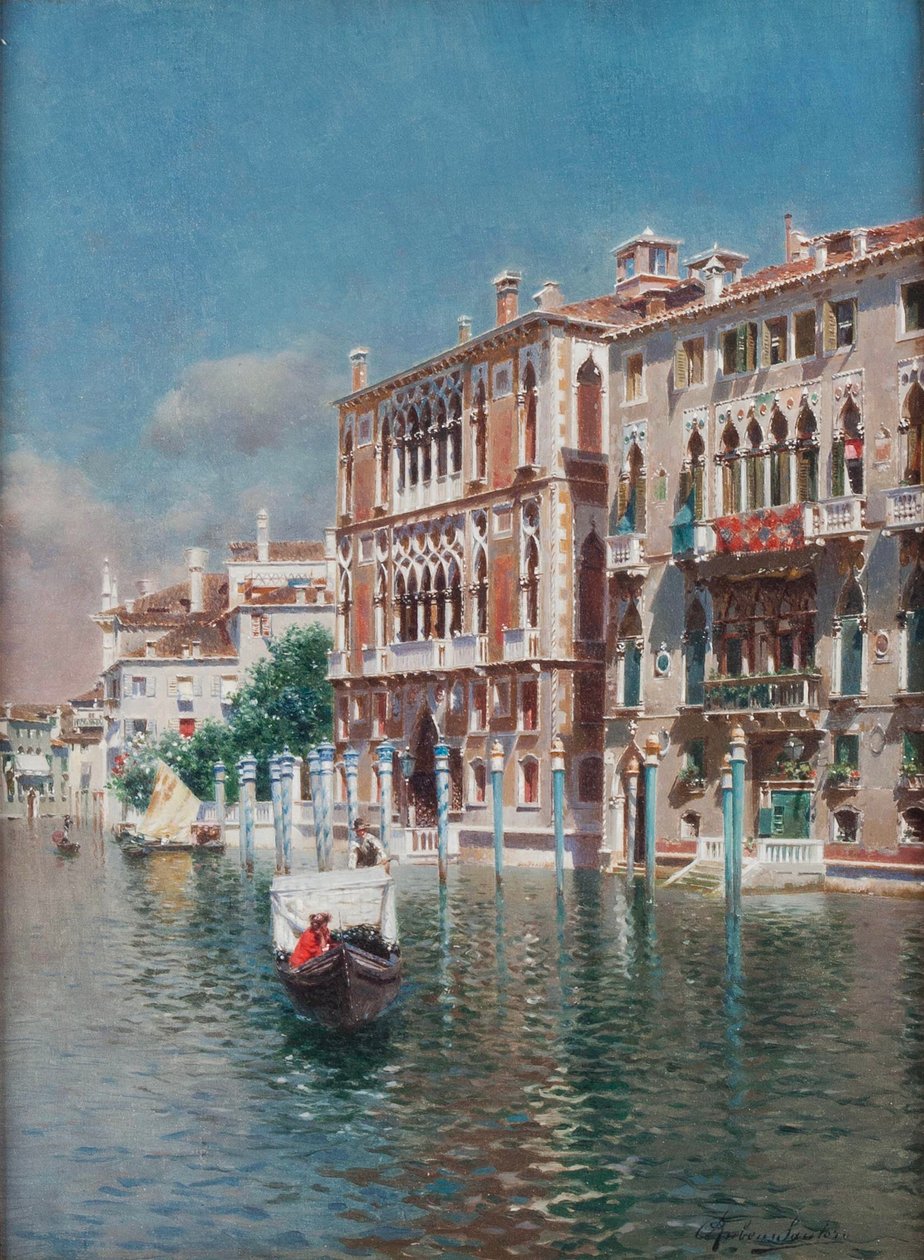 Gondola przed Palazzo Cavalli-Franchetti i Palazzi Barboro, Wenecja (olej na płótnie) autorstwa Rubens Santoro