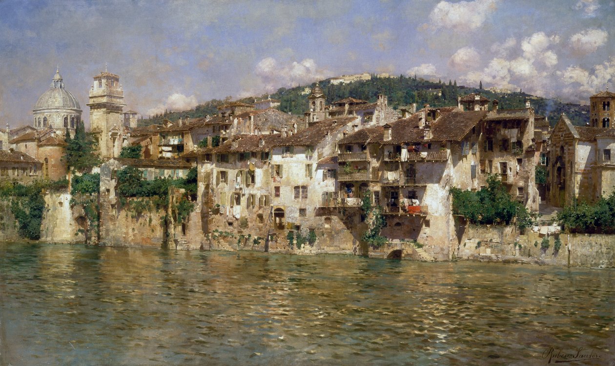 Adige in Verona, reż. Rubens Santoro (1859-1942), olej na płótnie autorstwa Rubens Santoro