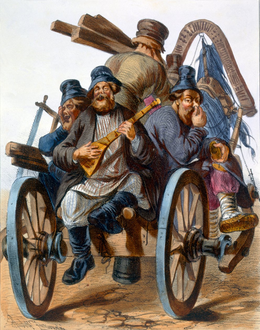 Grupa pijanych chłopów śpiewających podczas powrotu do domu na wozie, 1843 autorstwa Rudolf Jukowsky
