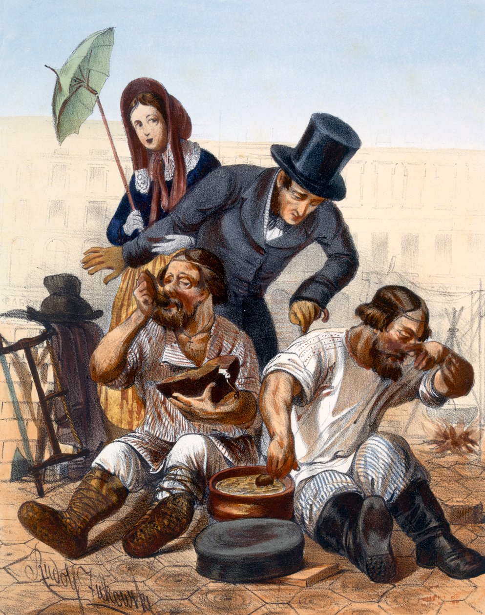 Bogata para rozmawia z parą pijanych stolarzy gotujących i jedzących na ulicy, 1843 autorstwa Rudolf Jukowsky