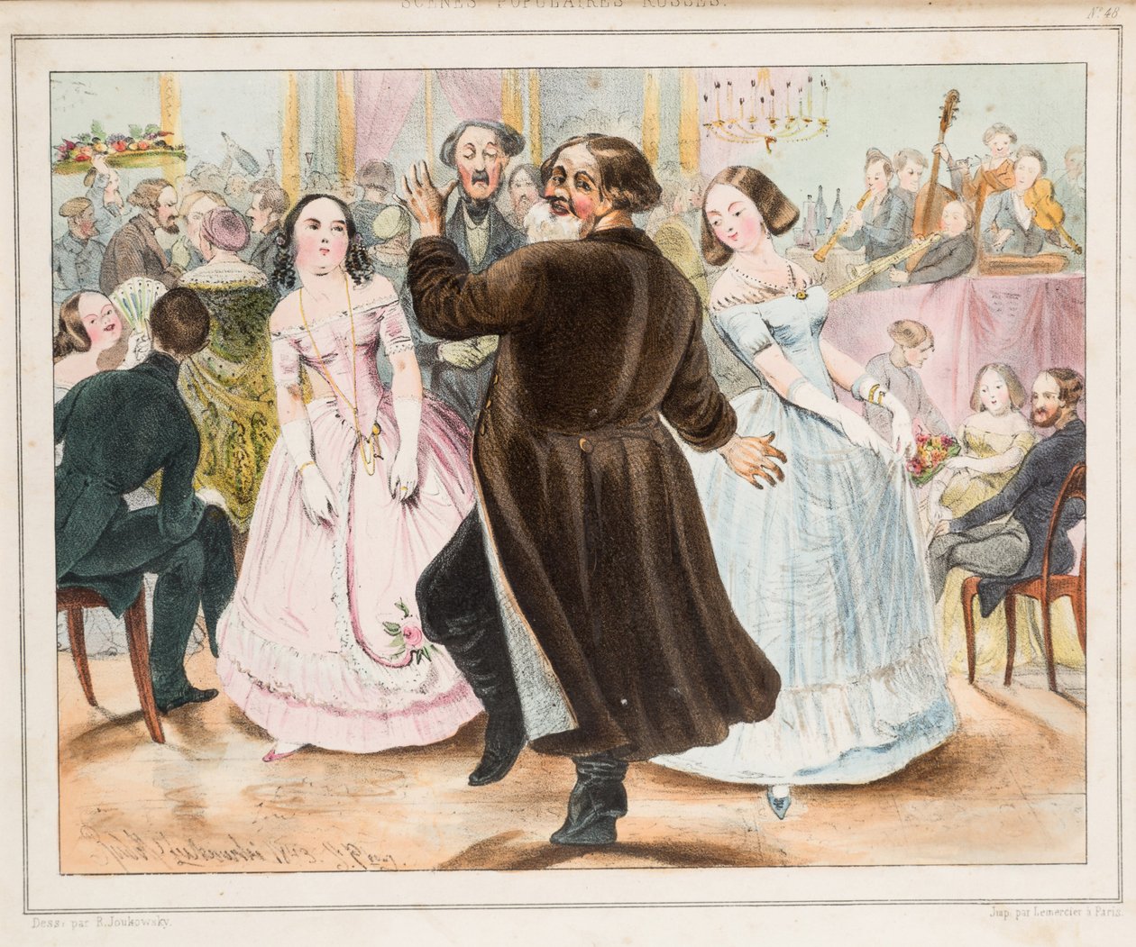 Bal kupiecki par Zhukovsky, Rudolf Kasimirovich (1814-1886). Litografia, akwarela, wymiary : 33x24 autorstwa Rudolf Kasimirovich Zhukovsky