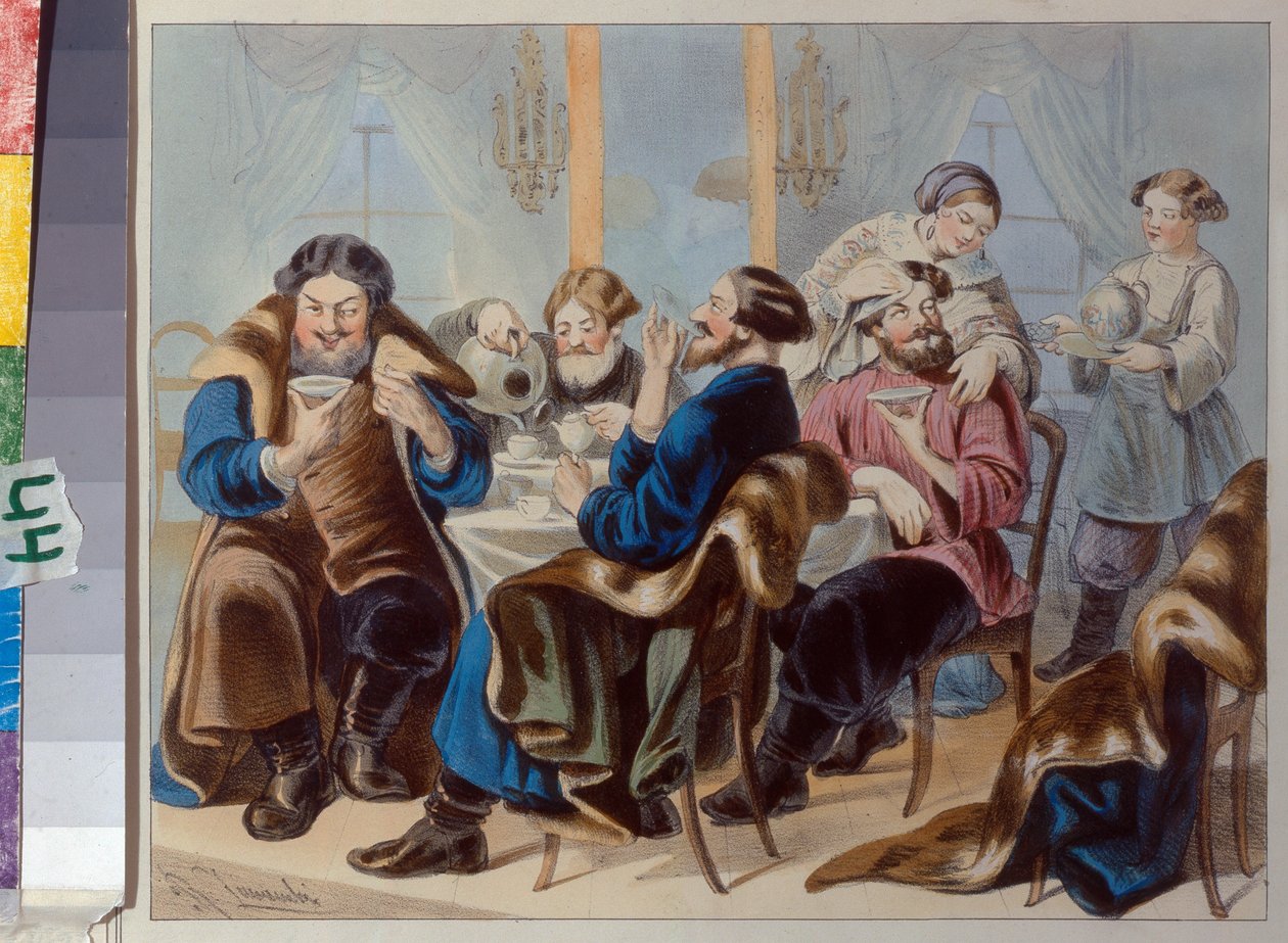 Herbata i cukier. Picie herbaty w karczmie pod Żukowskim, Rudolf Kasimirowicz (1814-1886), I ćw. XIX w. - Litografia, akwarela - Państwowe Muzeum Historyczne, Moskwa autorstwa Rudolf Kasimirovich Zhukovsky