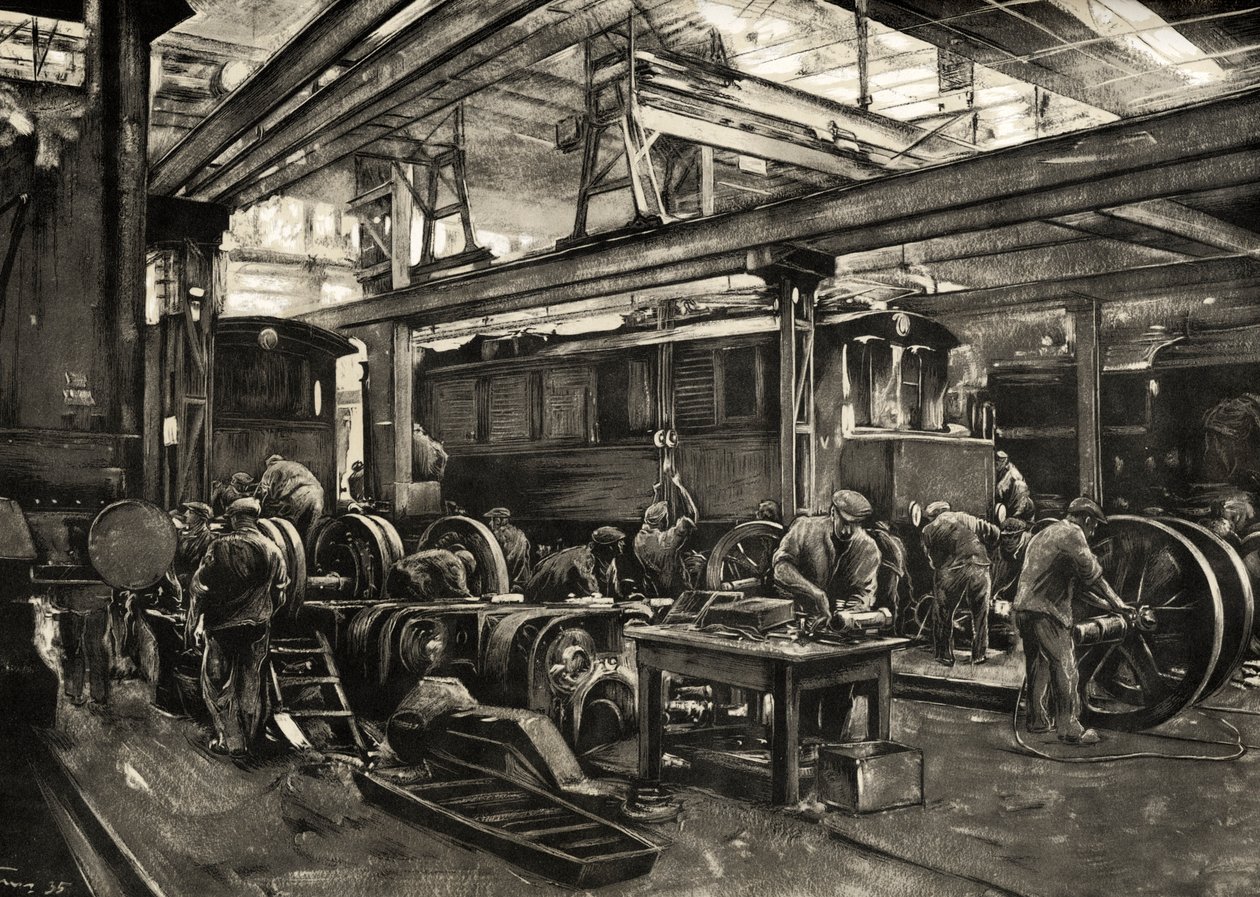 Koleje niemieckie - warsztat naprawczy lokomotyw elektrycznych Reichsbahn w Monachium. 1935 (druk) autorstwa Rudolf Lipus