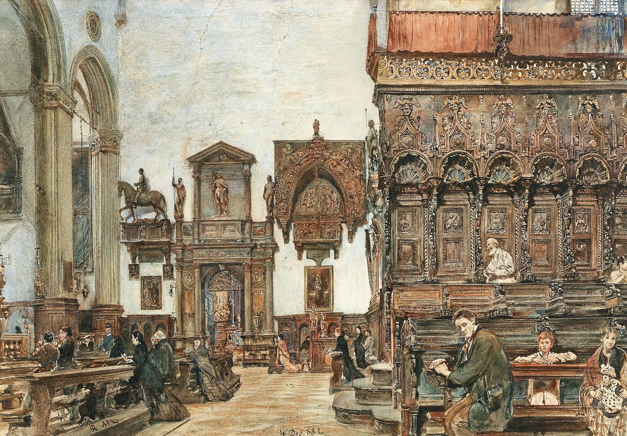 Wnętrze bazyliki Santa Maria Gloriosa dei Frari w Wenecji z modlitwami w stallach na chórze autorstwa Rudolf von Alt