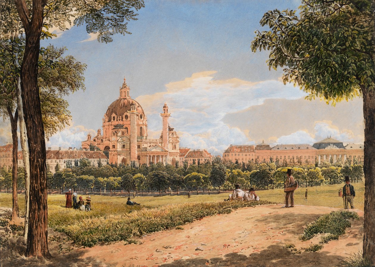Widok kościoła św. Karola i Instytutu Politechnicznego w Wiedniu, 1831 r. autorstwa Rudolf von Alt