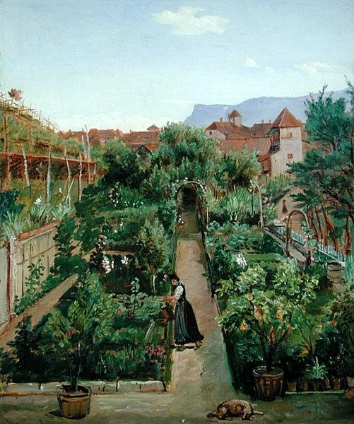 Ogród Kwiatowy Ottmannsgutes w Merano, ok. 1840 (olej na papierze na tekturze) autorstwa Rudolph Friedrich Wasmann