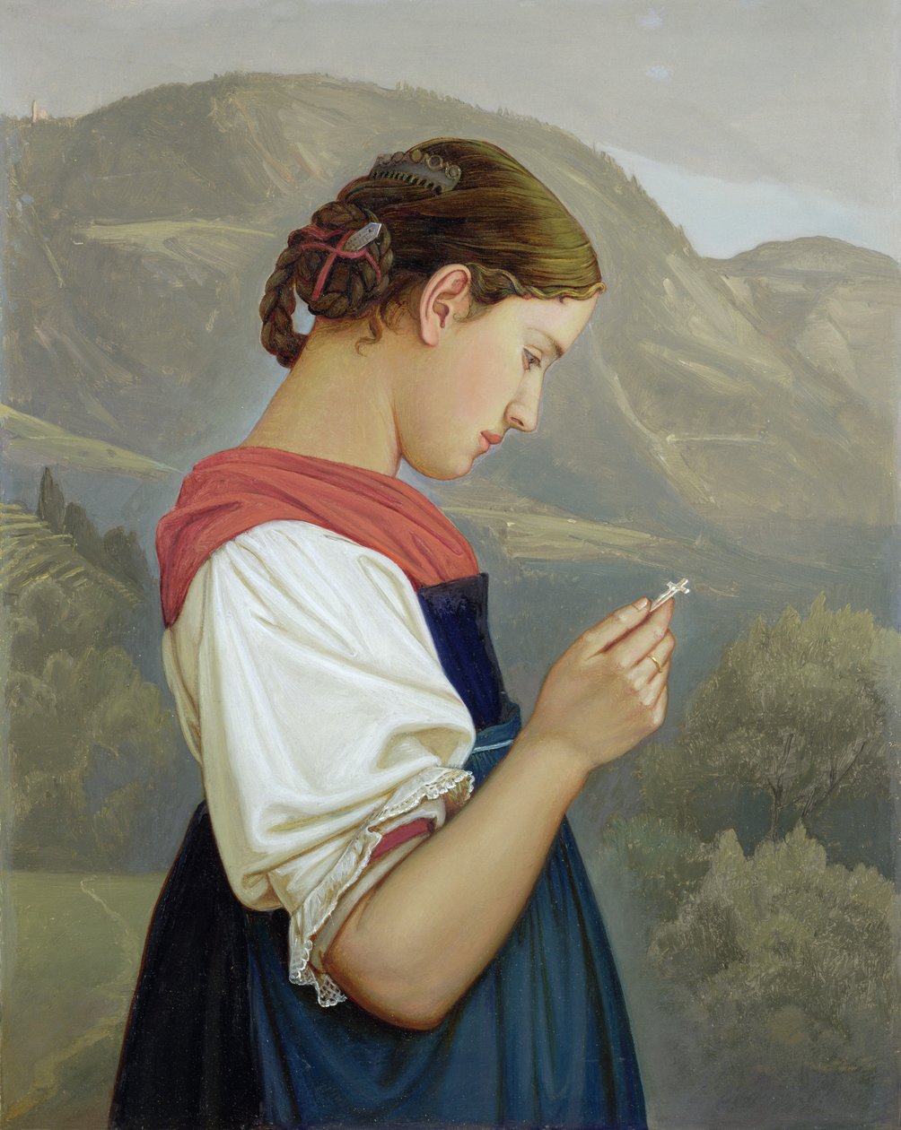 Tyrolka kontemplująca krucyfiks, 1865 (olej na papierze) autorstwa Rudolph Friedrich Wasmann