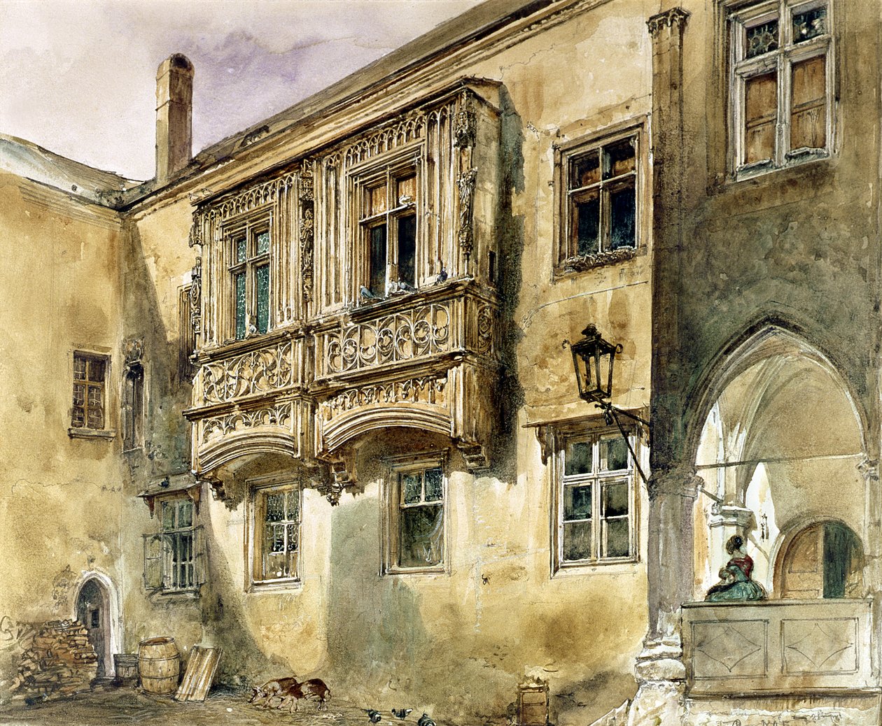 Gotycki balkon na dziedzińcu opactwa Klosterneuburg, ok. 1840 autorstwa Rudolf von Alt