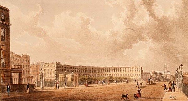 The Crescent, Portland Place, akwatinta opublikowana w 1822 r. autorstwa Rudolph Ackermann