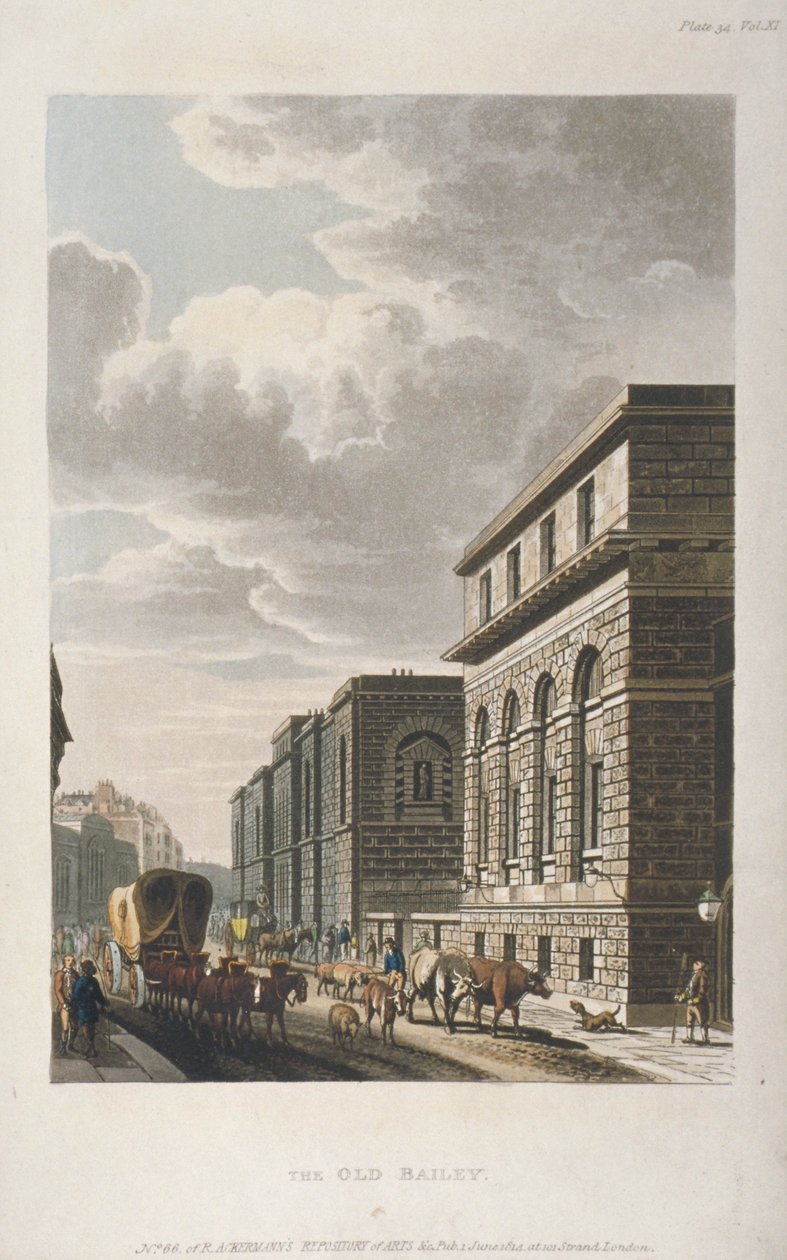Widok na Old Bailey, patrząc na północ, City of London, 1814 autorstwa Rudolph Ackermann