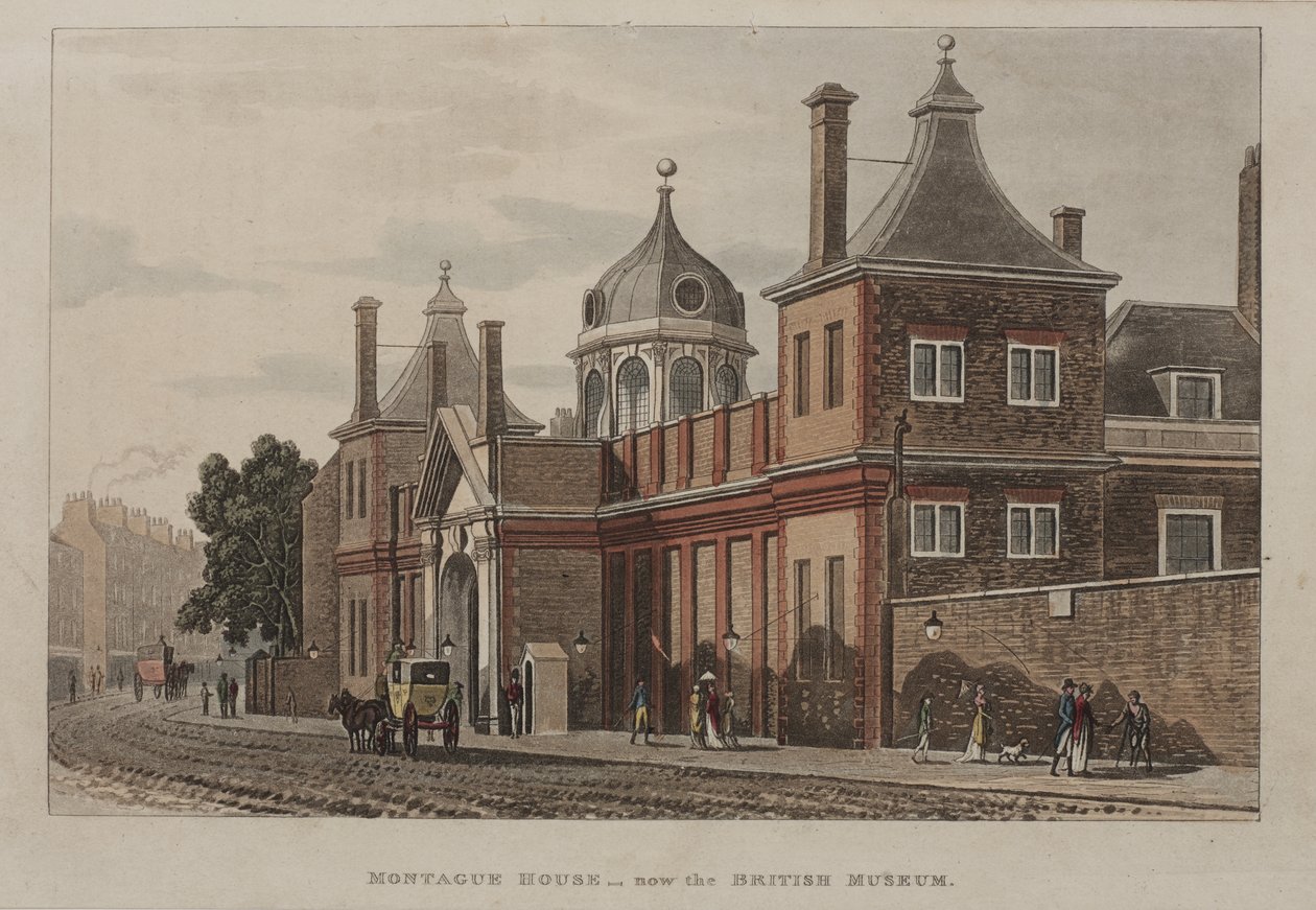 Widok na British Museum, Holborn ze sceną uliczną, ok. 1810 autorstwa Rudolph Ackermann