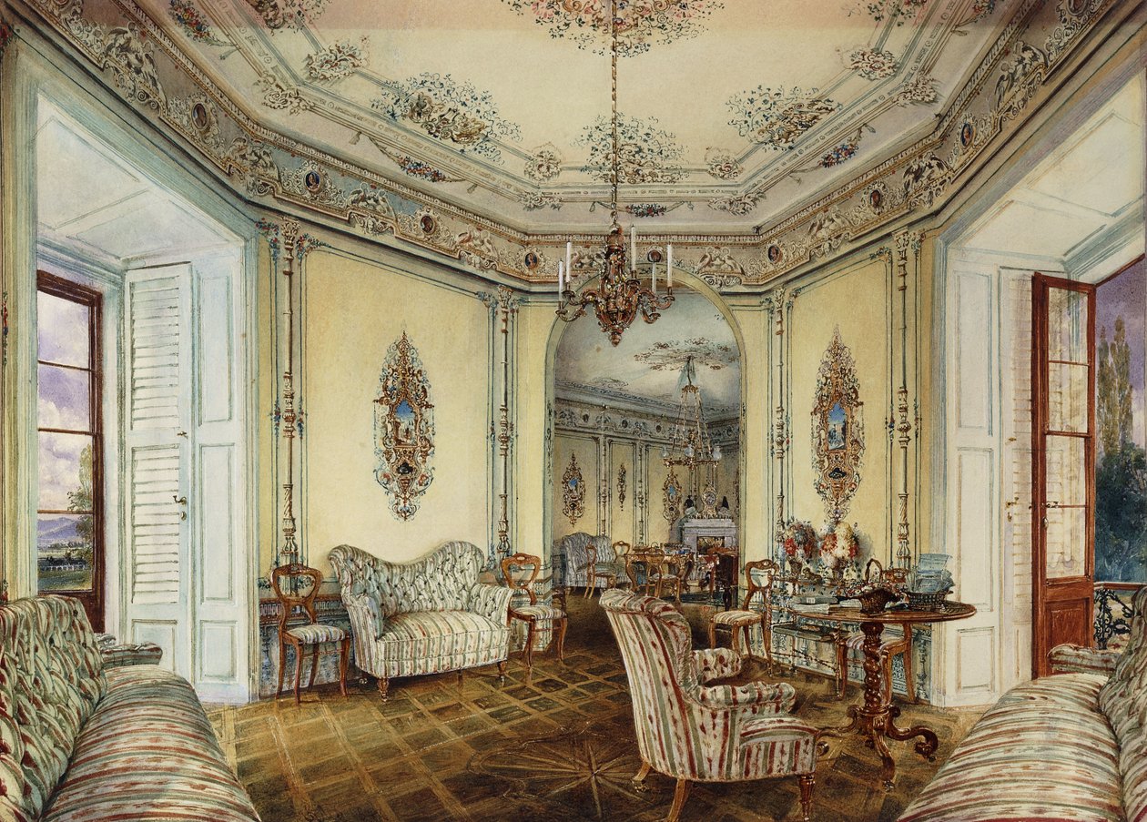 Widok wnętrza Salonu Zamkowego w Obertwaltersdorfie; Widok wnętrza salonu w zamku Obertwaltersdorf, autorstwa Rudolf von Alt
