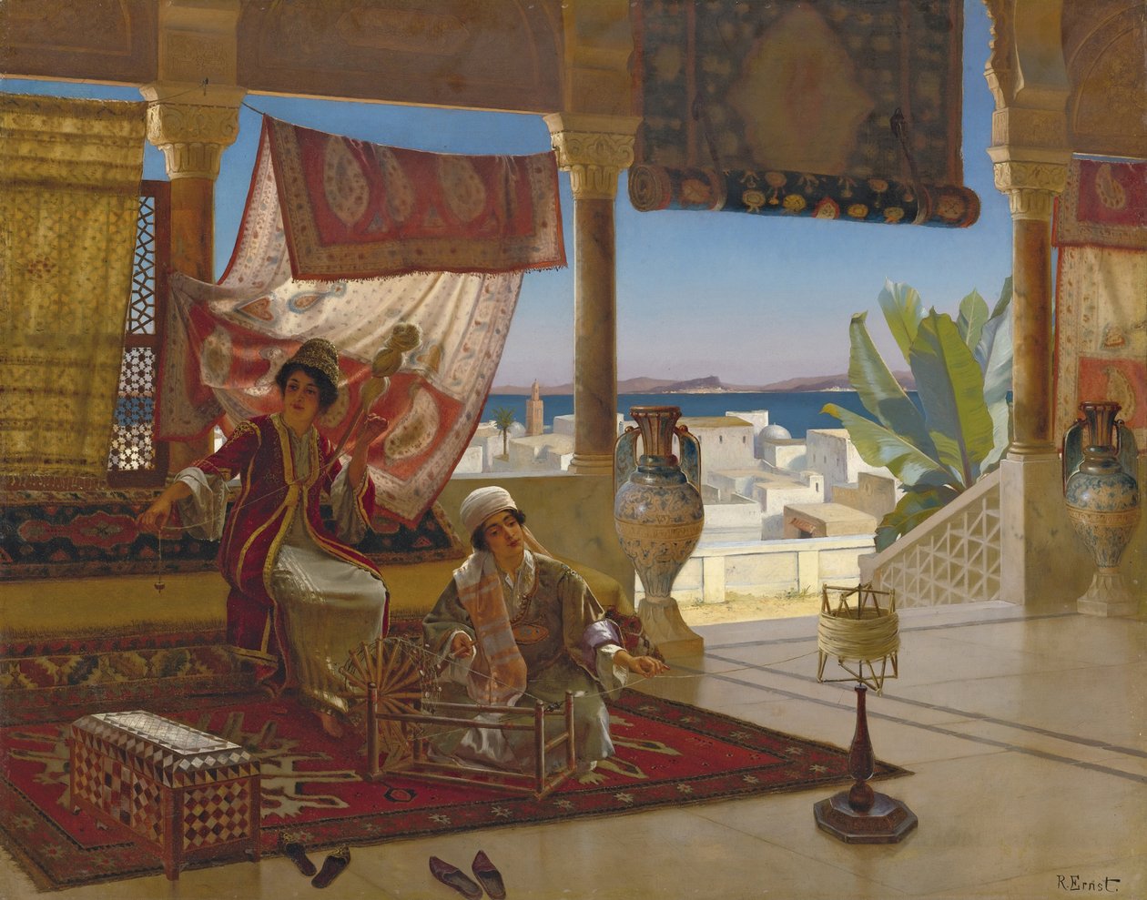 The Wool Spinners (Les fileuses de laine) par Ernst, Rudolf (1854-1932). Olej na drewnie, format : 79,5x100, , Kolekcja prywatna autorstwa Rudolphe Ernst