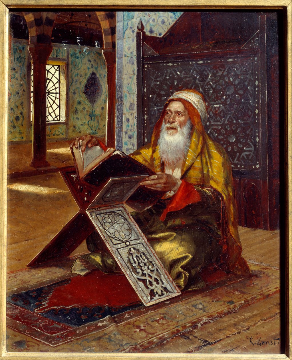 Biurko Imam czytający Koran. Obraz Rudolpha (lub Rudolphe) Ernsta (1854-1932) Nantes z XIX wieku, Musee des Beaux Arts autorstwa Rudolphe Ernst