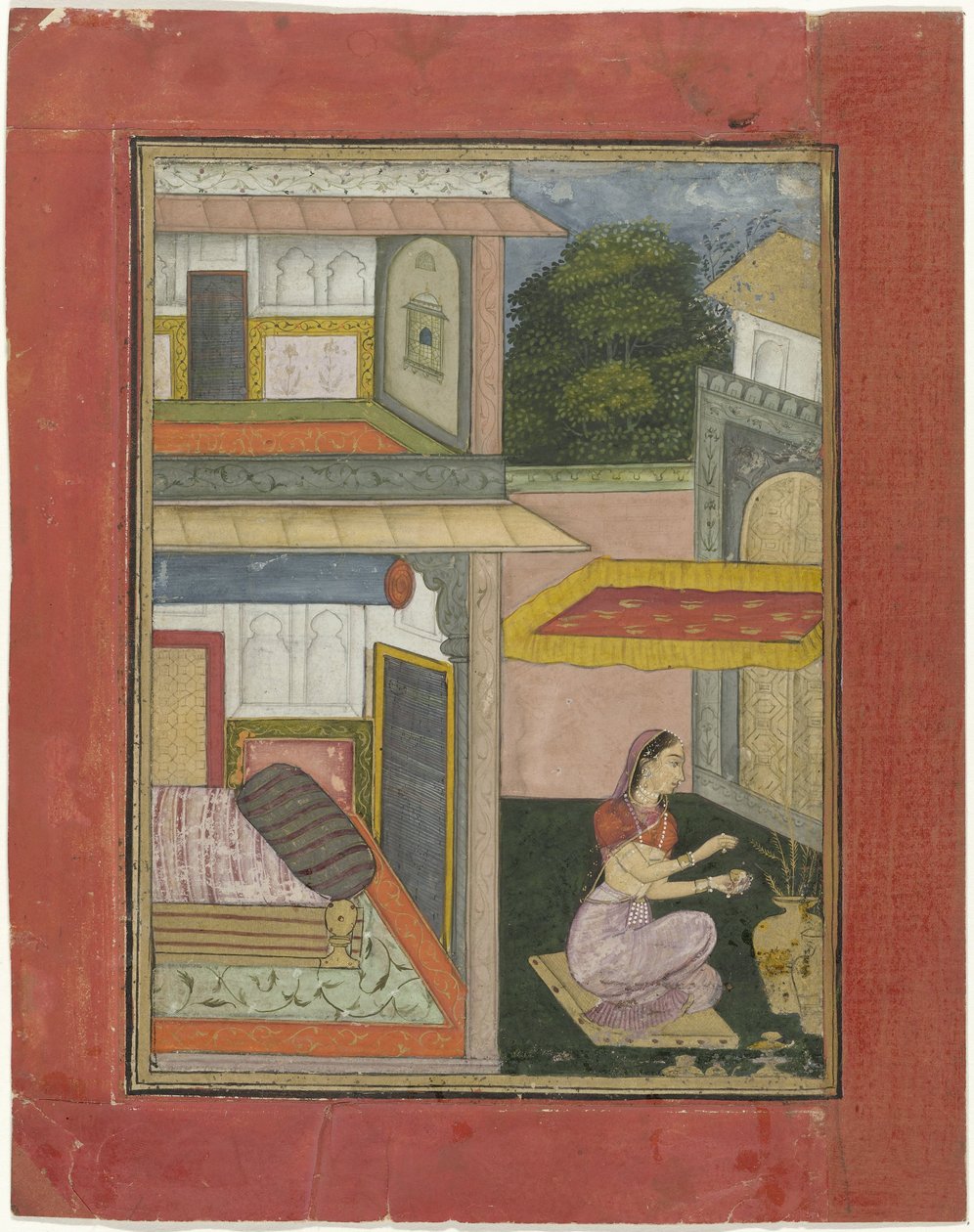 Gunakari Ragini, kobieta siedząca na dworze pałacu autorstwa Rukn ud din (attributed to)