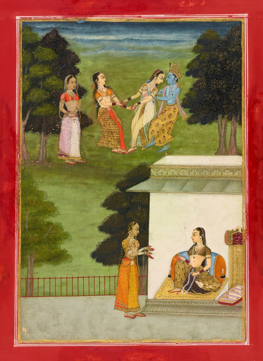 Krishna bawiący się z gopi, folio z „Rasikpriya”, datowane na 1686 (nieprzezroczysta akwarela i złoto na papierze) autorstwa Ruknuddin Ruknuddin