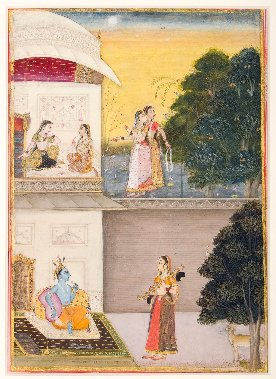 Radha przybywa do Kryszny z winem, 1685 (nieprzezroczysta toaleta i złoto na papierze) autorstwa Ruknudin of Bikaner