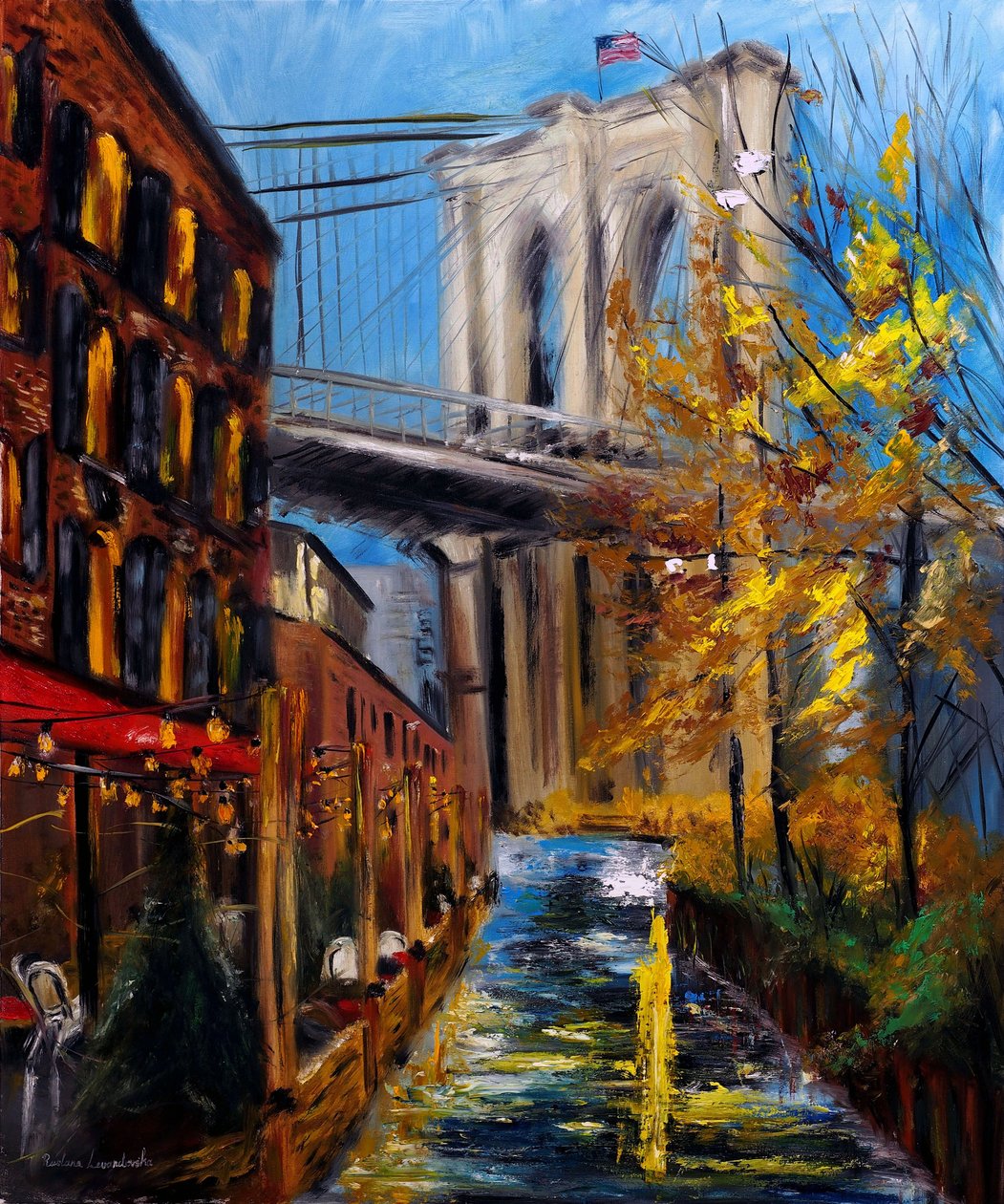 Autumn at Brooklyn Bridge in DUMBO New York, 2021 (olej na płótnie) autorstwa Ruslana Levandovska