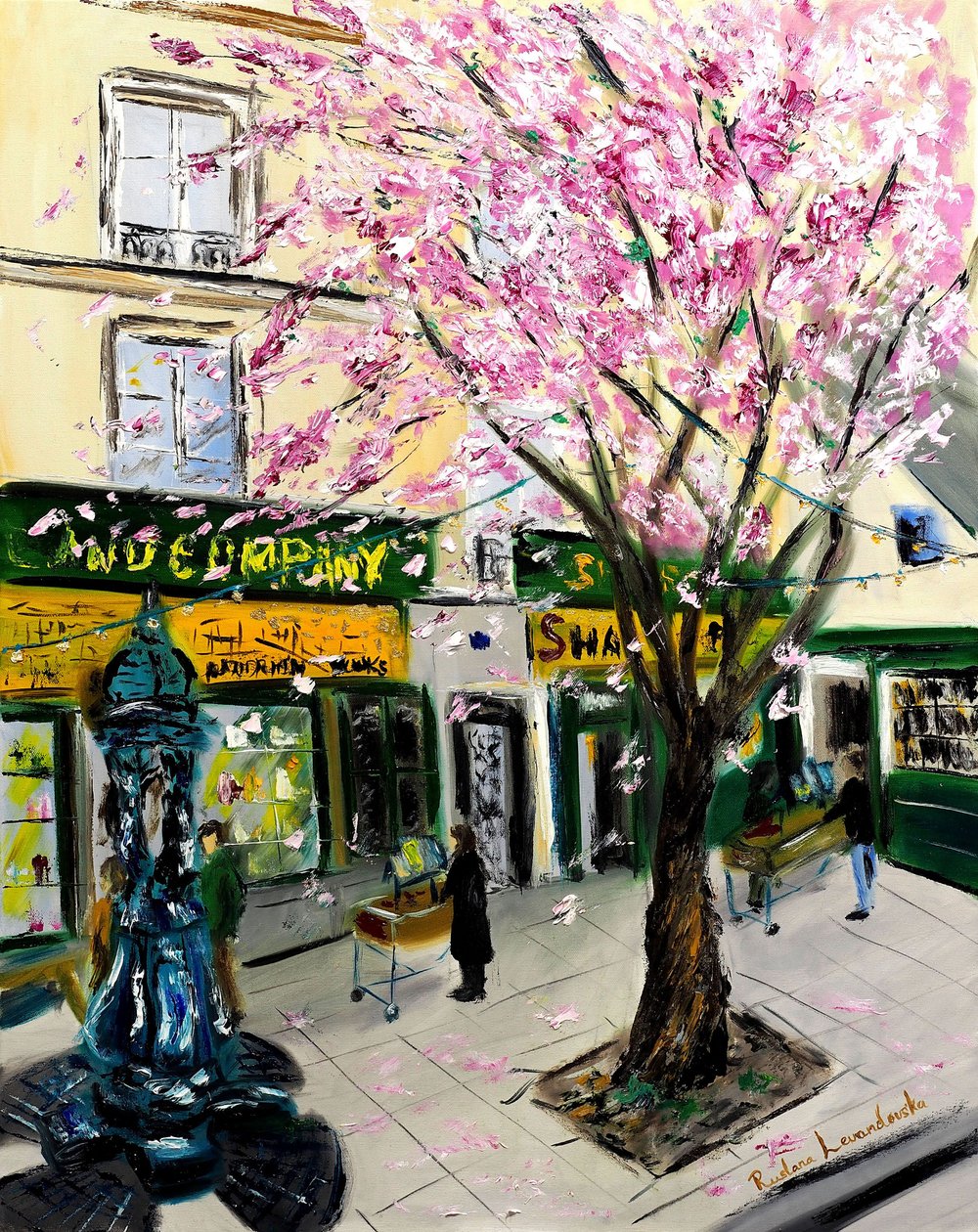 Kwiaty wiśni w Shakespeare and Co Paris - ze złotym zdobieniem, 2023 (olej na płótnie) autorstwa Ruslana Levandovska