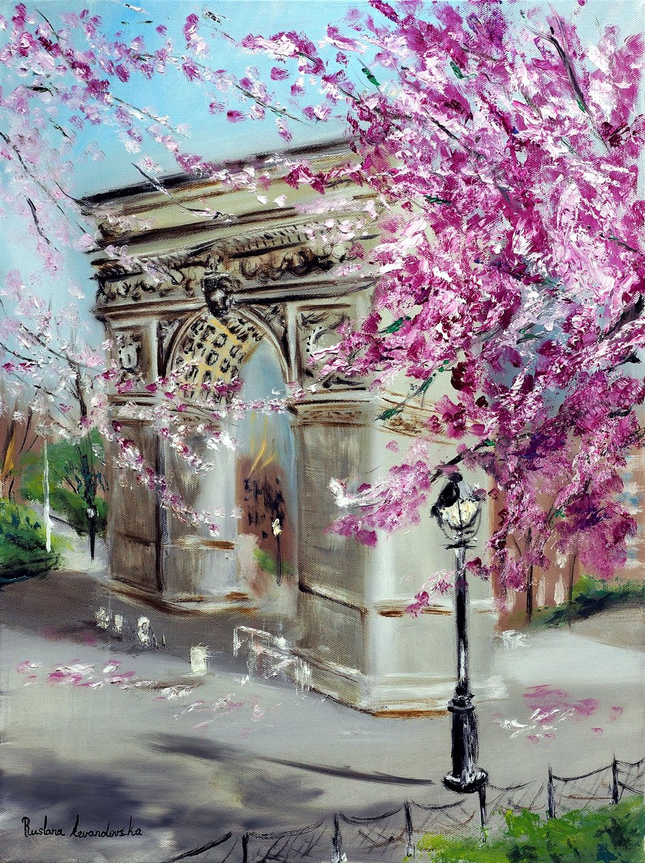 Kwiaty wiśni w Washington Square Park, Nowy Jork, 2022 (olej na płótnie) autorstwa Ruslana Levandovska