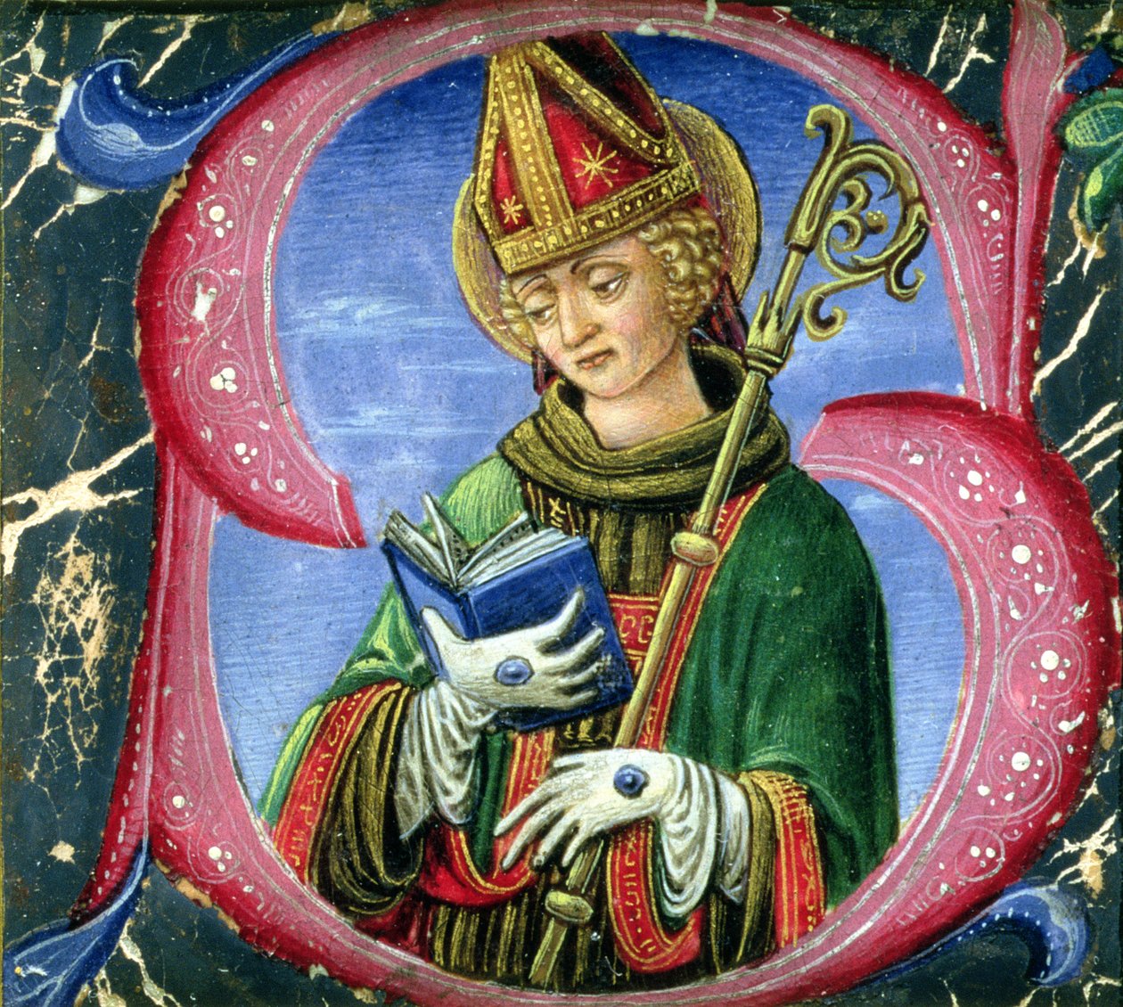 Historyczny inicjał S przedstawiający świętego biskupa, ok.1470 autorstwa Russi Francesco di Giovanni de