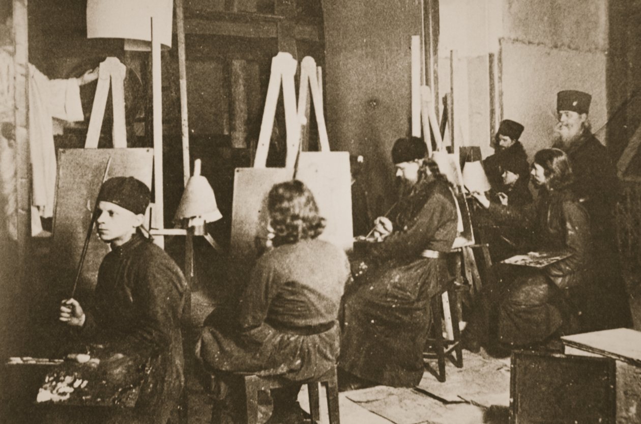 Obraz ikon w klasztorze Valamo nad jeziorem Ładoga, ok. 1885 (zdjęcie w sepii) autorstwa Russian Photographer