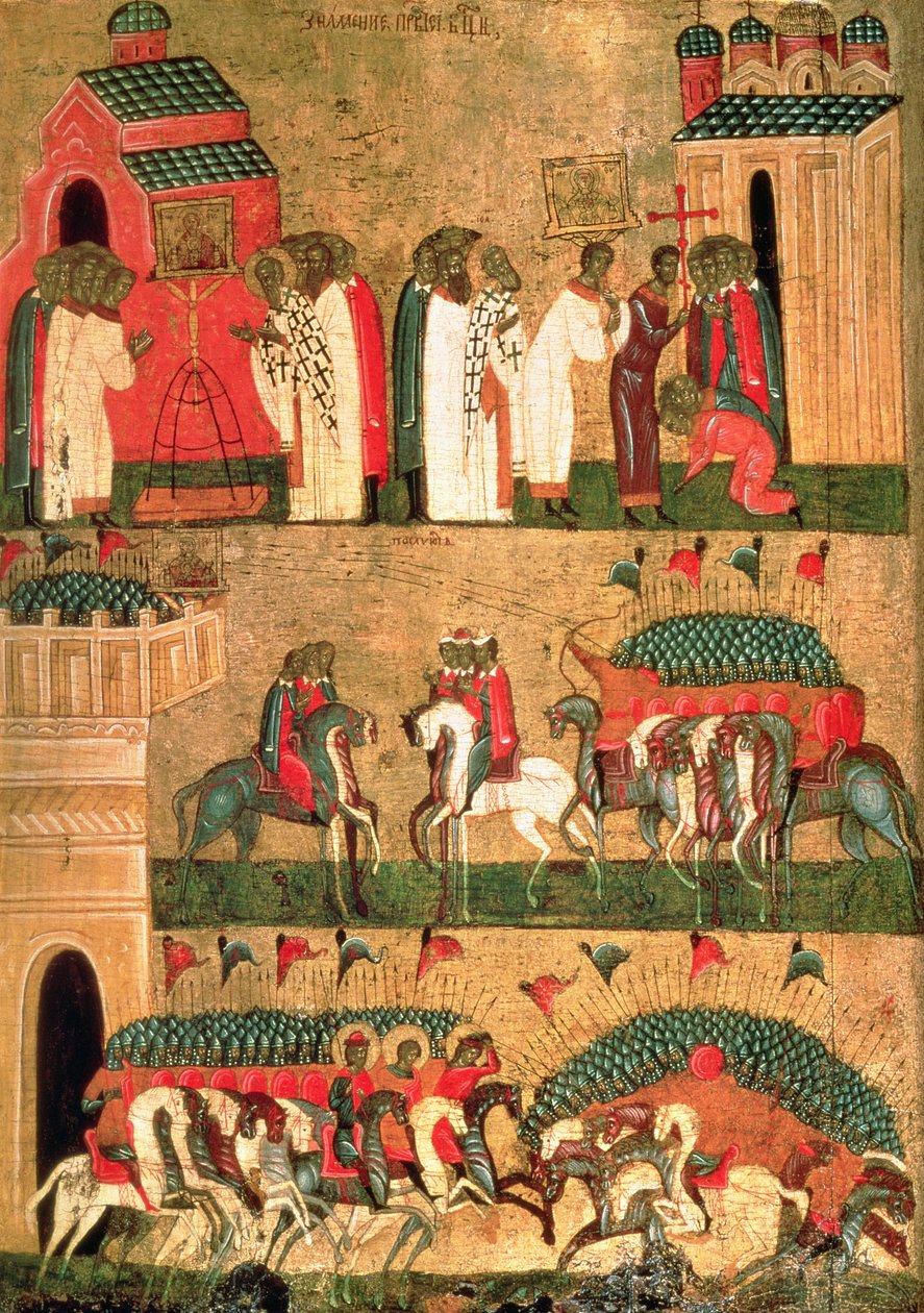Bitwa Nowogrodzian z Suzdalczykami, Szkoła Nowogrodzka, poł. XV w. (tempera i złoto na płycie) autorstwa Russian School