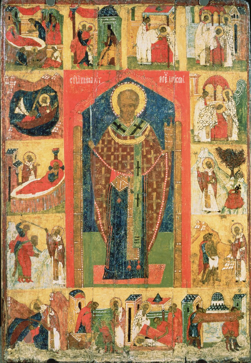 Św. Mikołaj z Moszajska ze scenami z jego życia (tempera na desce) autorstwa Russian School