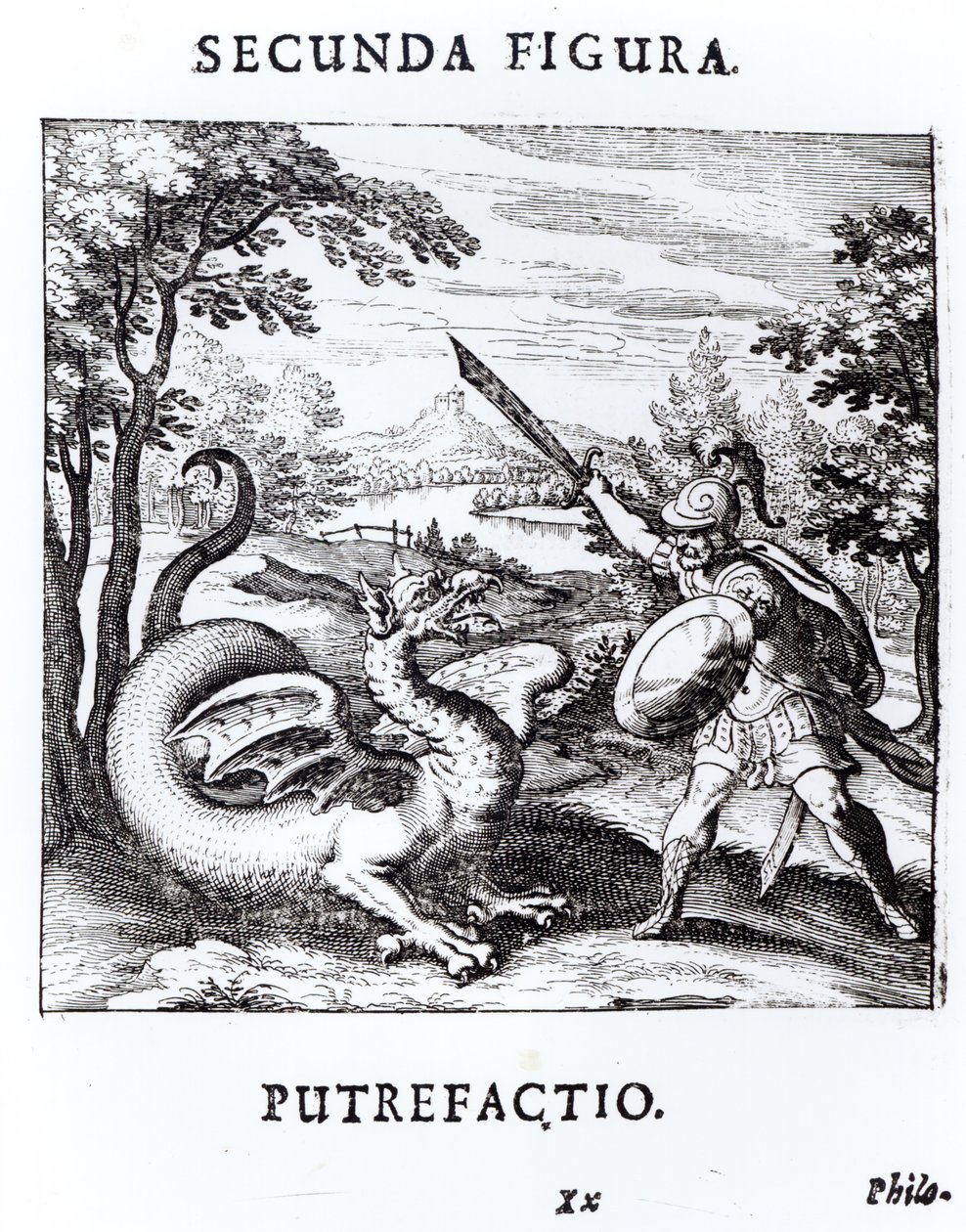 Rycerz pokonujący „Rota”, którego ucieleśnia smok, z „Musaeum Hermeticum Reformatum” Bazylego Walentego, 1678 autorstwa Russian School
