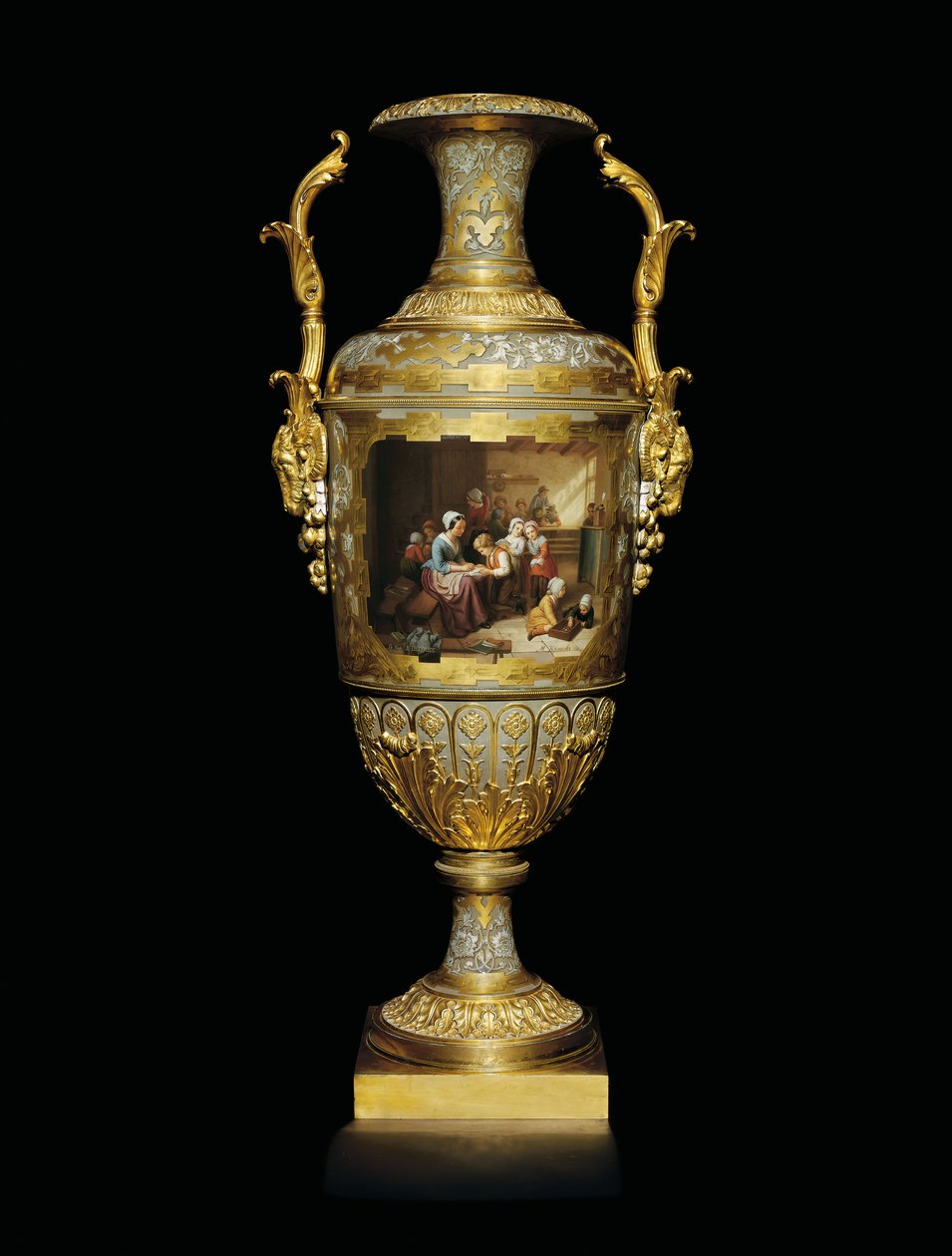 Dwuuchwytowy wazon Aleksandra II z porcelany i złotego liścia, malowany sceną pokoju szkolnego po B, 1866 autorstwa Russian School