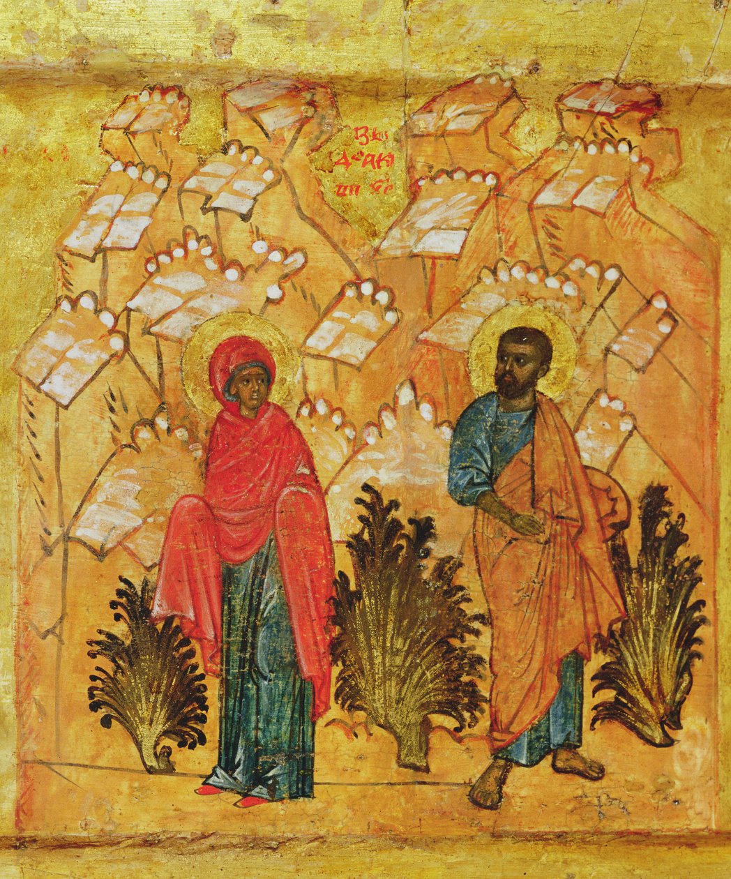 Ikona przedstawiająca Matkę Boską z Józefem, ok. 1550 (tempera i złote liście na płycie) (detal z 314500) autorstwa Russian School