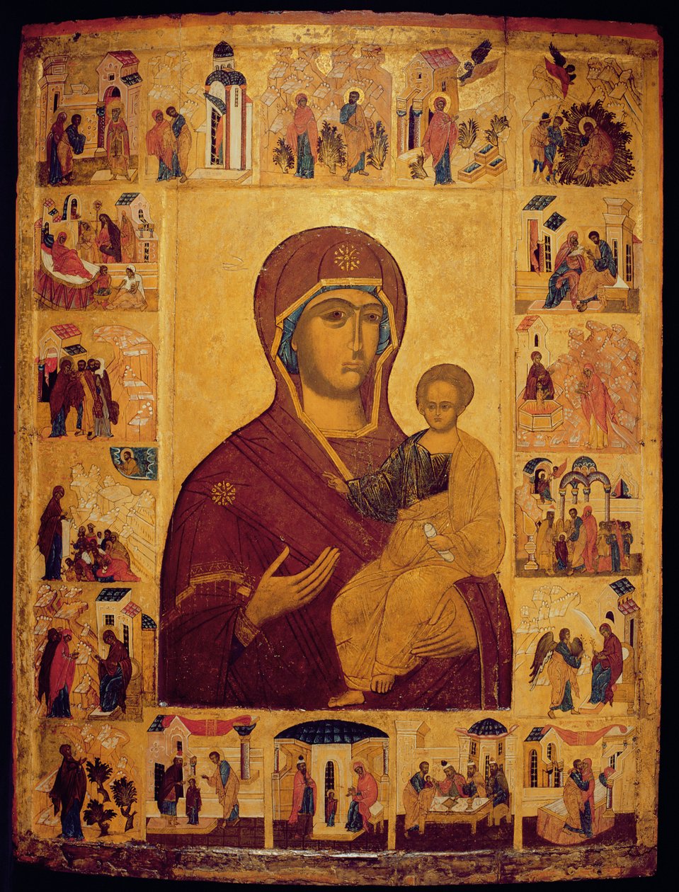Ikona przedstawiająca Dziewicę z Dzieciątkiem (tempera i złoty liść na panelu) autorstwa Russian School