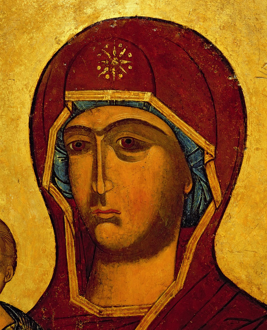 Ikona przedstawiająca głowę Dziewicy, ok. 1550 (tempera i złote liście na płycie) (detal z 314500) autorstwa Russian School