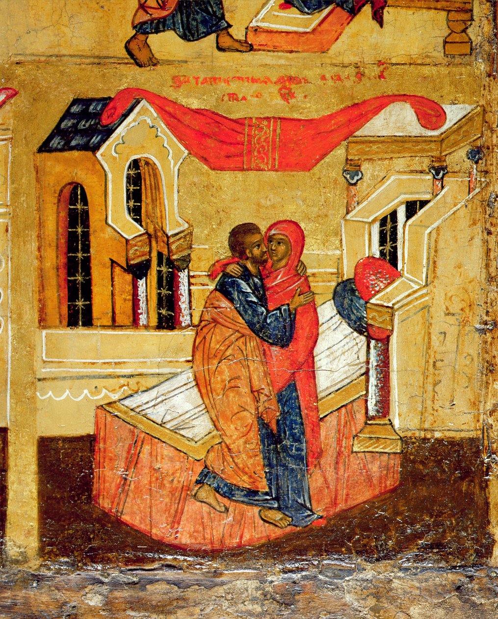 Ikona przedstawiająca spotkanie przy Złotej Bramie, ok. 1550 (tempera i złote liście na płycie) (detal z 314500) autorstwa Russian School