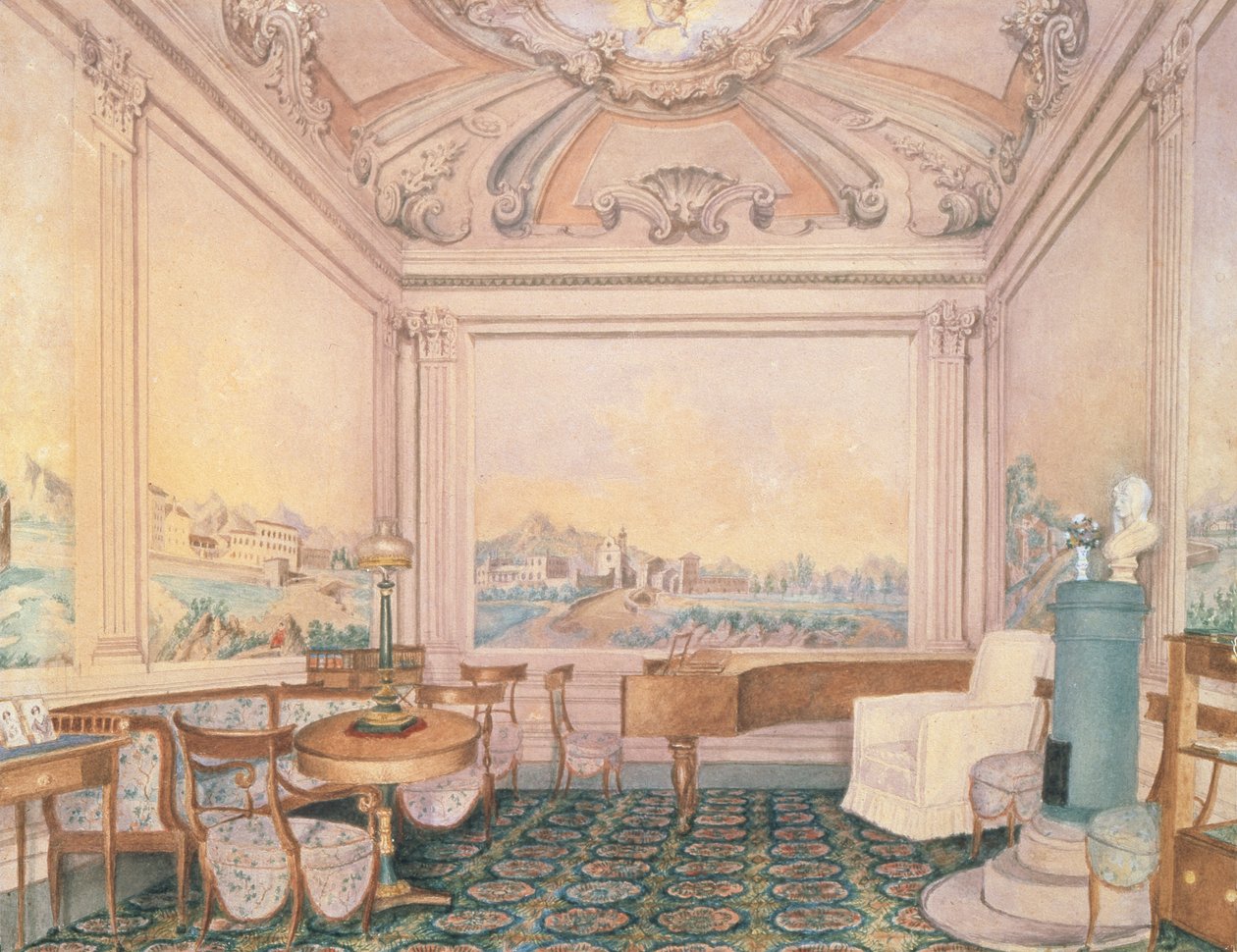 Wnętrze sali recepcyjnej w dworku, lata 1840-50 (wc na papierze) autorstwa Russian School