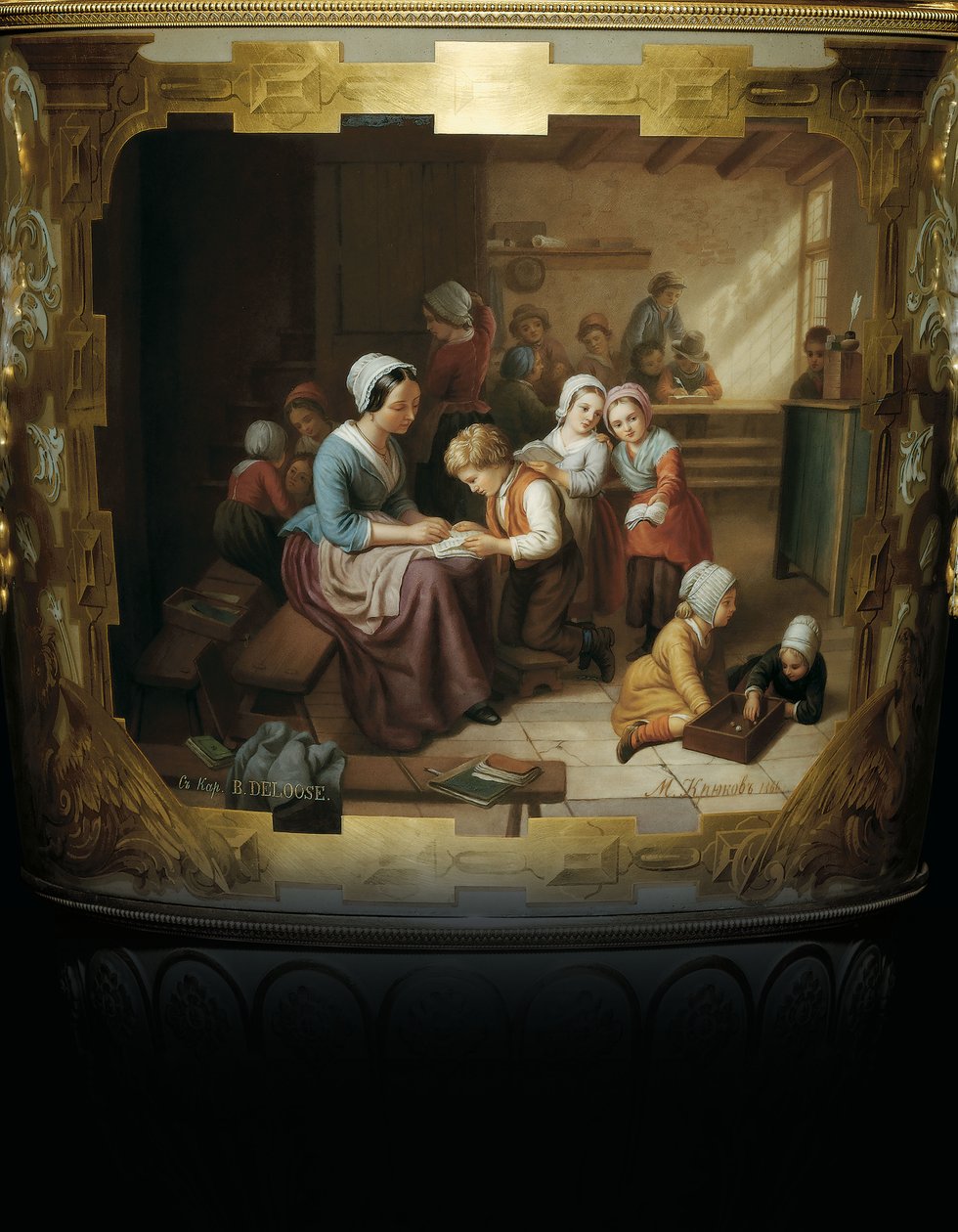 Malowany detal z dwuuchwytowej porcelany Aleksandra II i złotego wazonu w liściach, przedstawiający scenę pokoju szkolnego po B, 1866 autorstwa Russian School