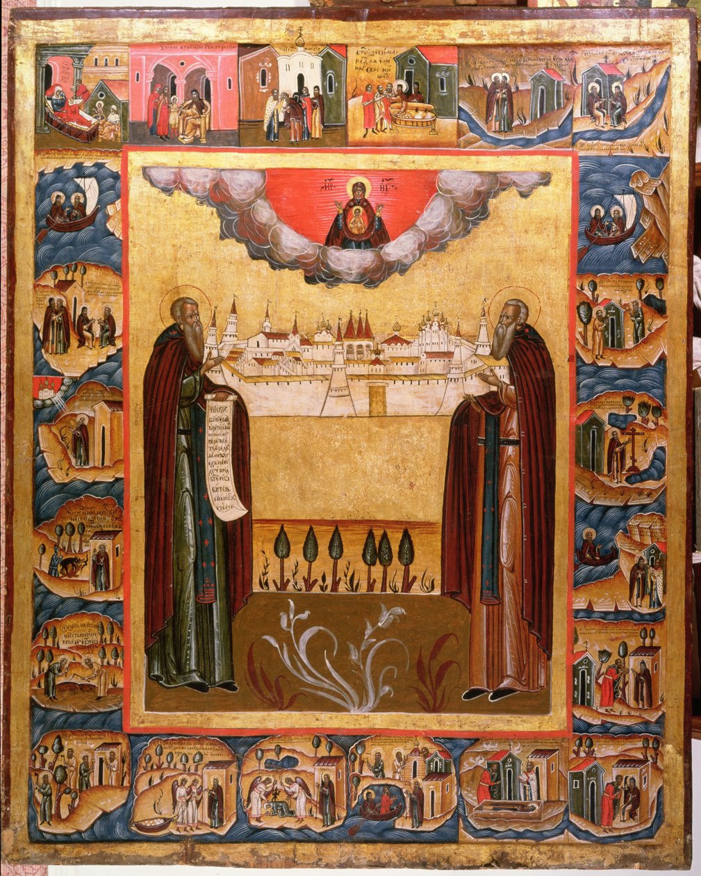Święci Zosimus i Sabbateusz z Sołowiecka ze scenami z ich życia, XVIII w. (tempera na desce) autorstwa Russian School