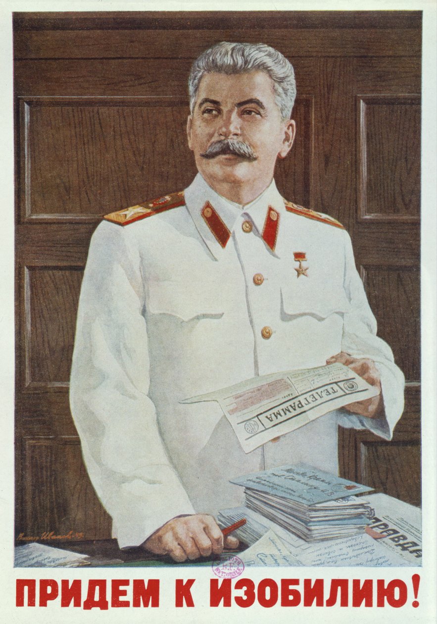 Radziecki plakat ze Stalinem czytającym telegram, 1949 autorstwa Russian School