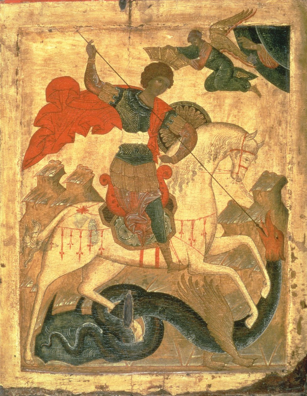 Św. Jerzy i smok (tempera na tkaninie, zaprawie i drewnie) autorstwa Russian School